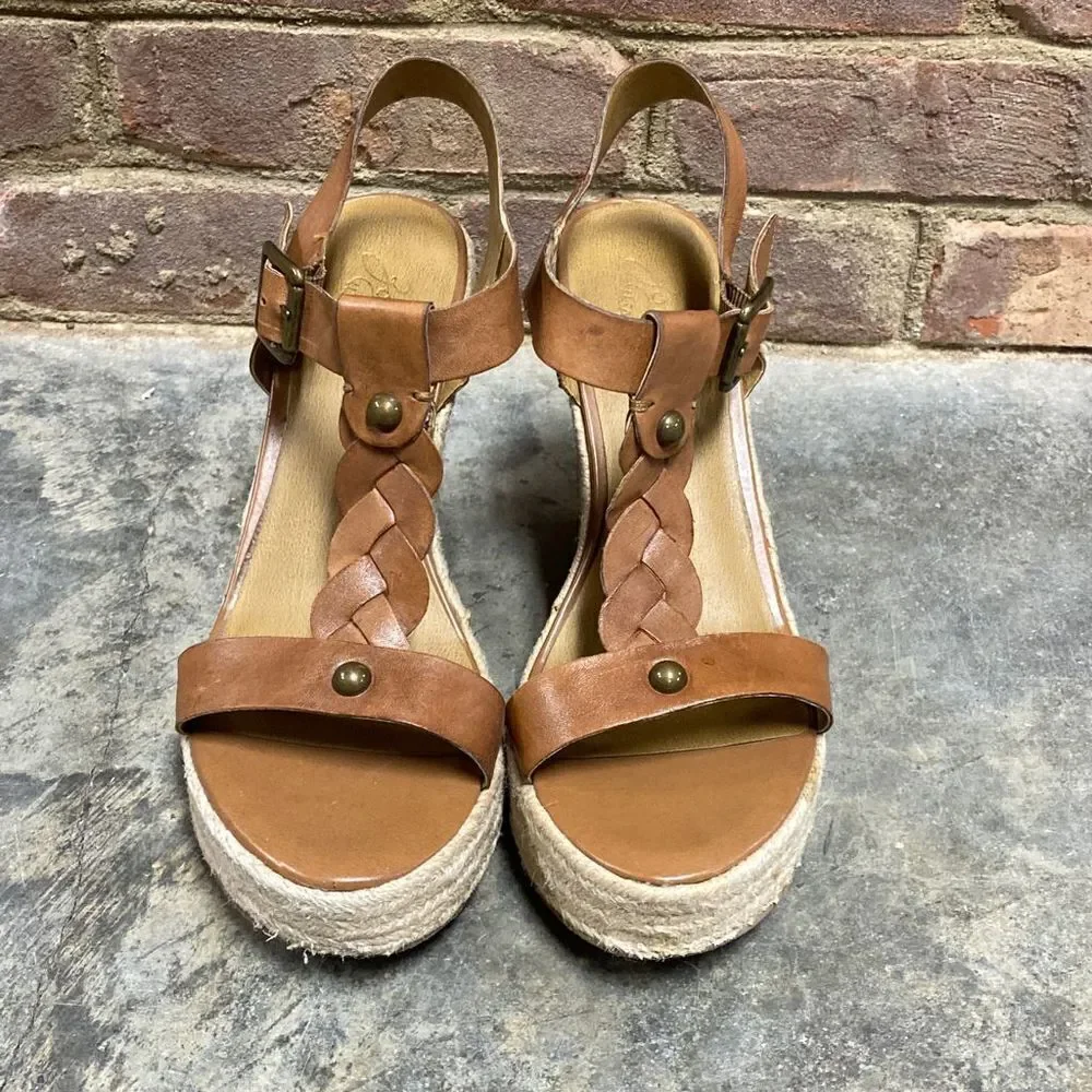 Zodiac Quana Saddle Tan Leather Espadrille Wedge Sandal Size 8